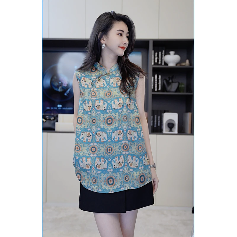 小乖逃新中式国风盘扣无袖蓝色衬衫蓝色大象上衣圆圈印花 M8713