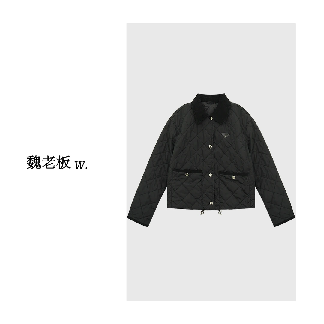 W.Diva【扬州慢】早春黑色保暖超轻大口袋翻领骆驼绒棉服4C0509207