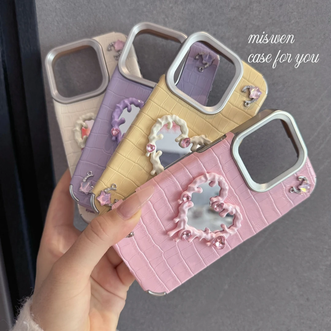 马卡龙立体滴胶闪钻爱心镜面适用苹果15手机壳iPhone17女14/16/13