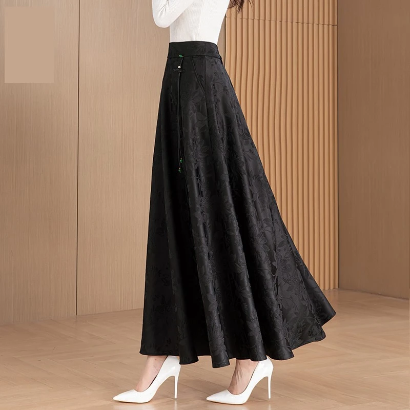 新中式国风百褶A字半身裙夏季百搭裙子黑色高腰复古中长款显瘦