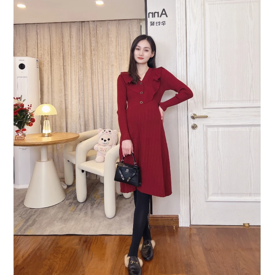 【锦绣未央】秋冬款高端V领孕妇连衣裙纯色可收腰中长款气质孕妇裙