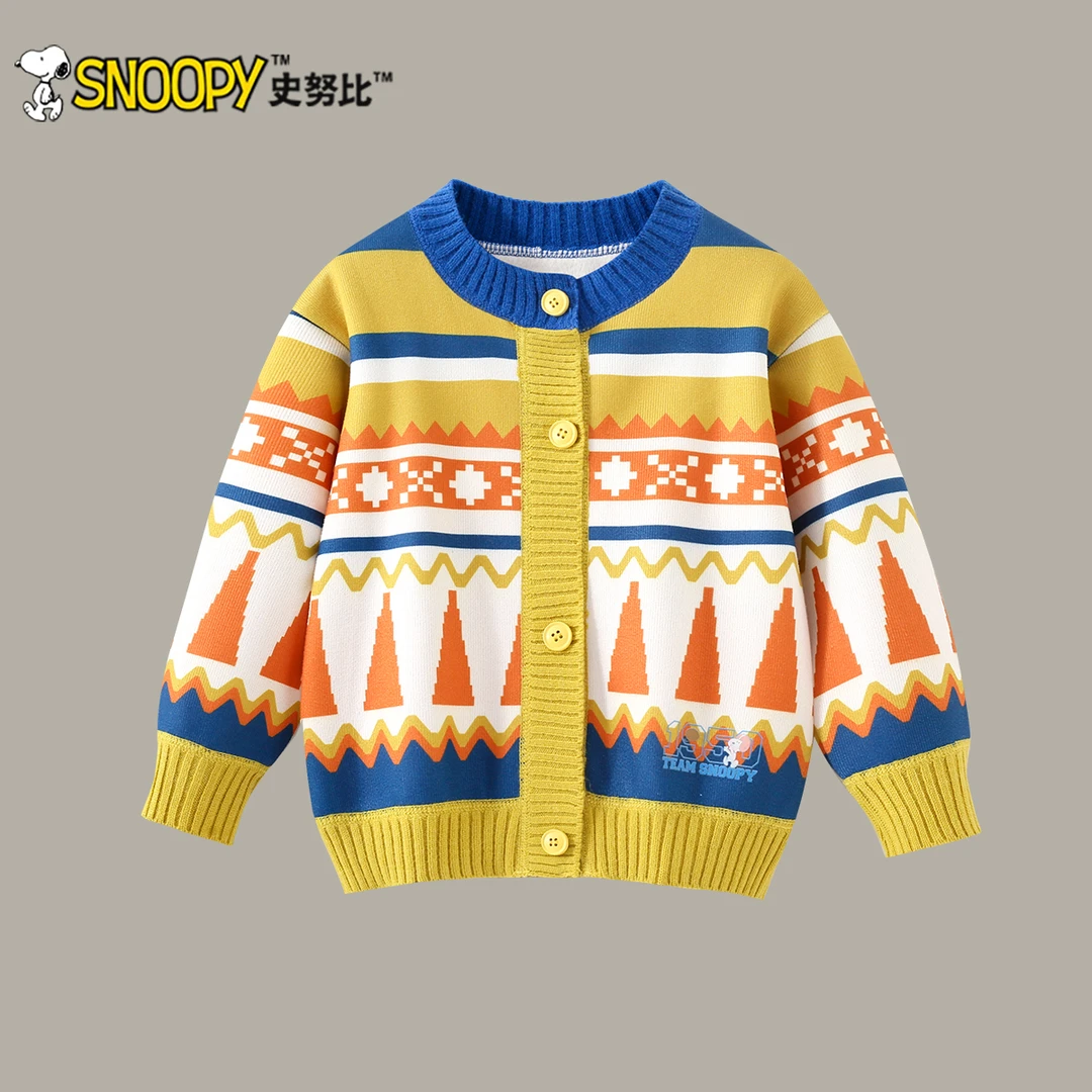 史努比2025秋冬加绒加厚款几何女毛衣针织衫条纹男女宝宝上衣