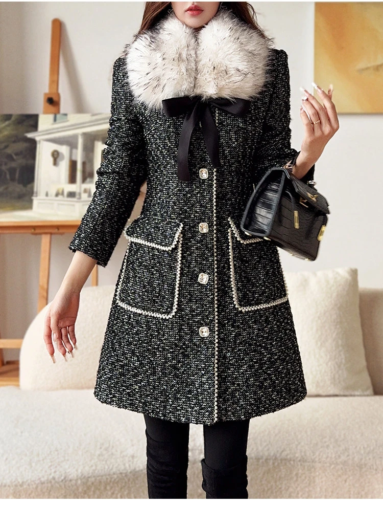 粉红大布娃娃可拆毛领中长款小香风大衣外套DA1DOT002