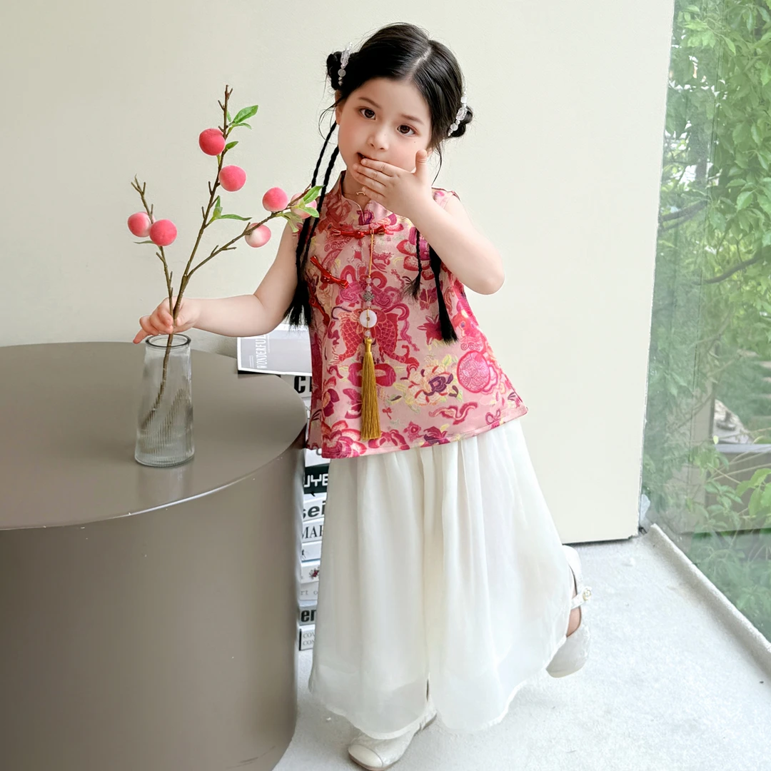 女童套装夏季2025新款洋气儿童新中式汉服国风无袖上衣裙裤两件套