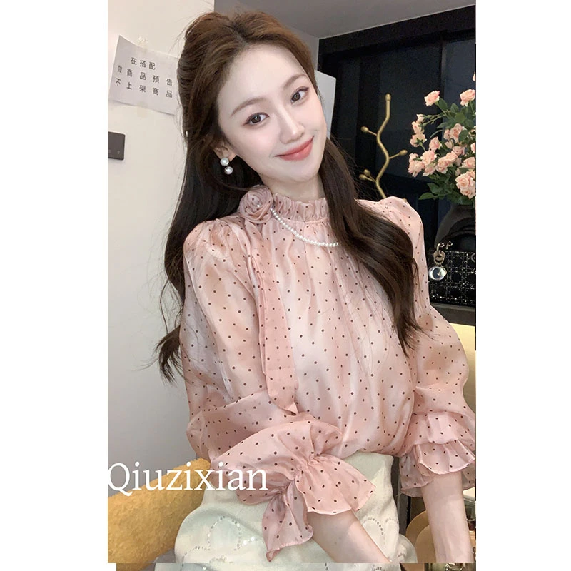 Qiuzixian【粉月涟漪】新款春装洋气波点小衫显瘦时尚上衣