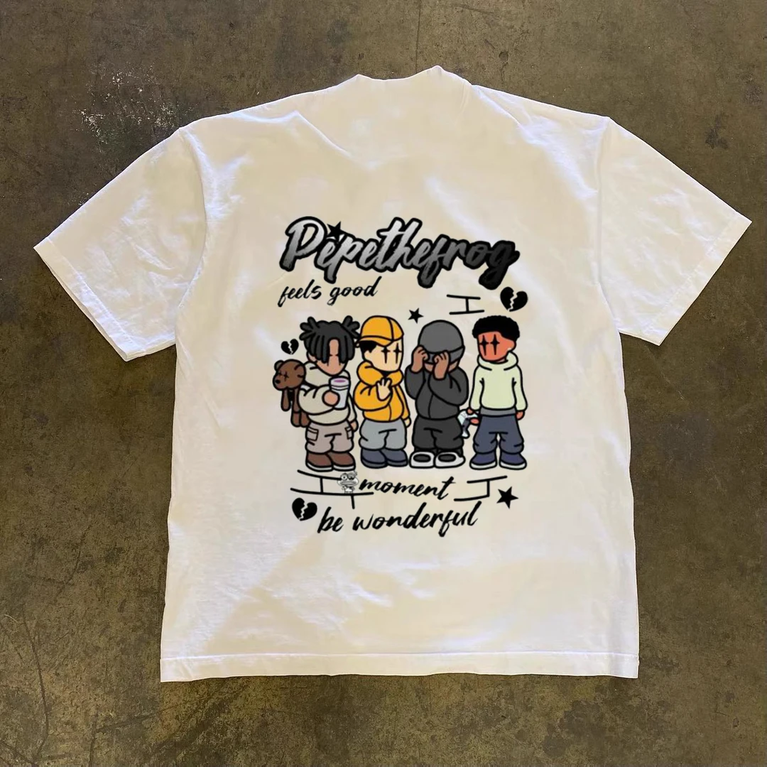 高街美式卡通图案印花复古休闲T恤短袖男潮夏季230G重磅纯棉体恤