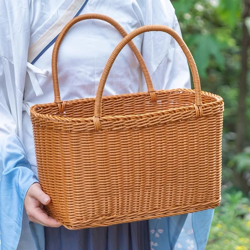 【DL17】 仿藤条手工编织长方形户外大容量家用买菜篮 39*18*20/38