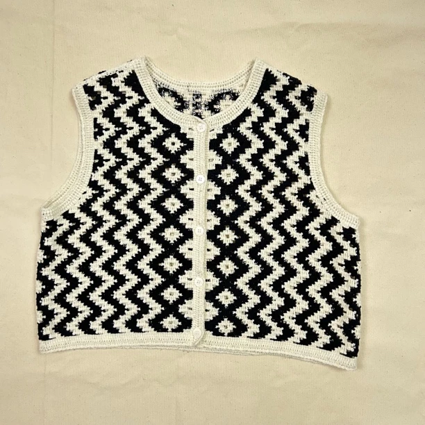 日系纯原圆领纱线镂空网眼休闲女款马甲坎肩背心