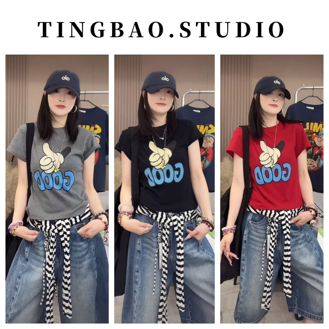 【GOOD大拇指】2025夏新款韩版修身圆领字母印花短袖T恤上衣31118