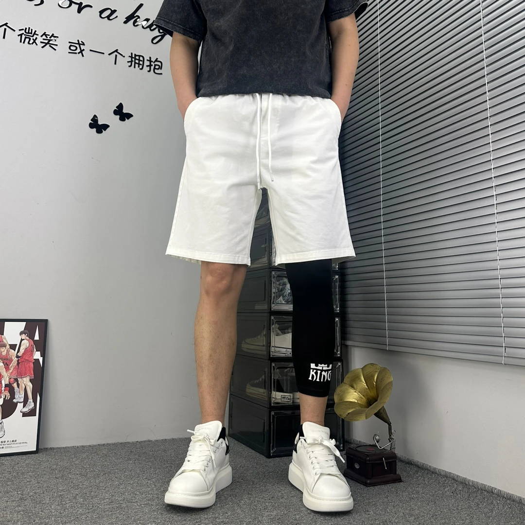 日系简约纯色夏季休闲五分裤男士宽松短裤直筒中裤白色系带松紧腰