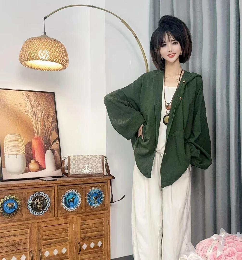 【沐木流浪记】（松风）深绿色竖纹连帽四兜女装风衣外套z