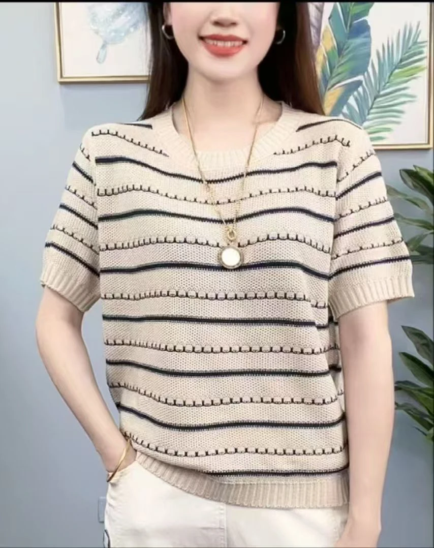 打底衫上衣毛针织衫圆领薄款短袖宽松型宽松女装夏季