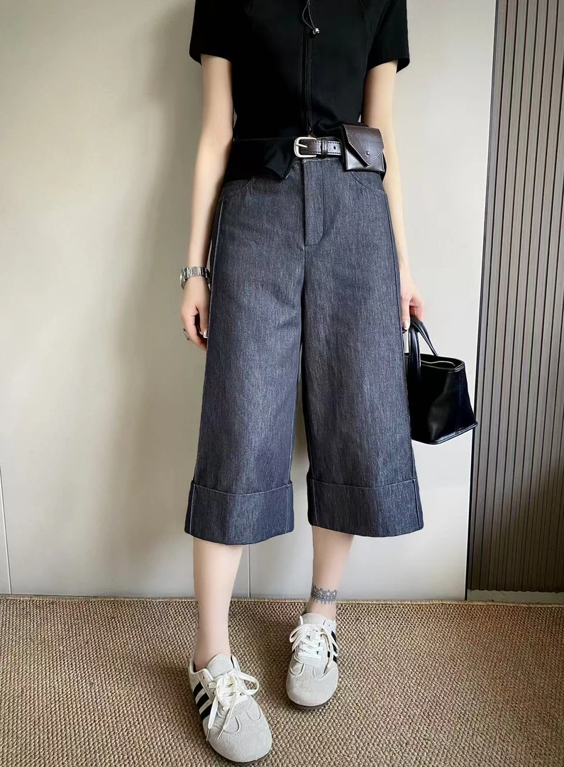 夏季韩版休休闲直筒高腰翻边七分裤T31