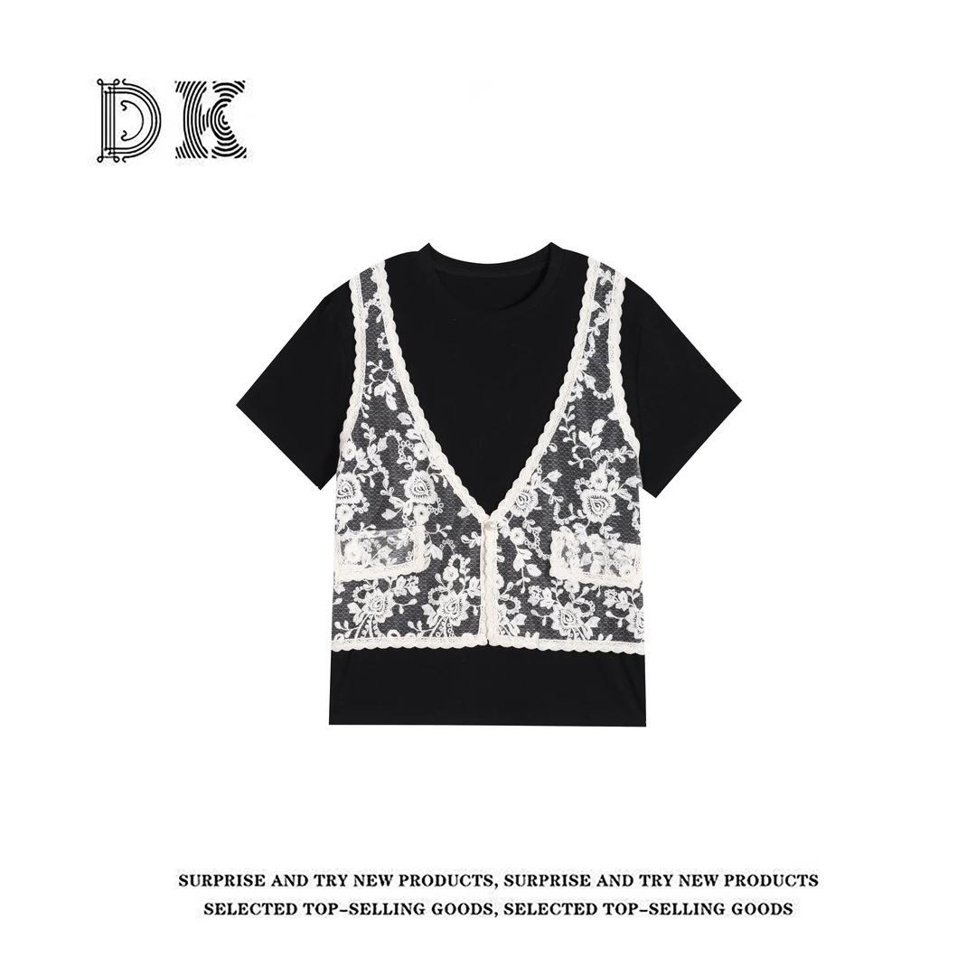 『蕾丝小衫』2025年夏季新款撞色拼接假两件气质法式上衣【DK】