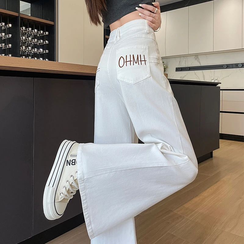白色天丝阔腿大喇叭牛仔裤女2025夏季薄款字母刺绣梨形身材拖地裤
