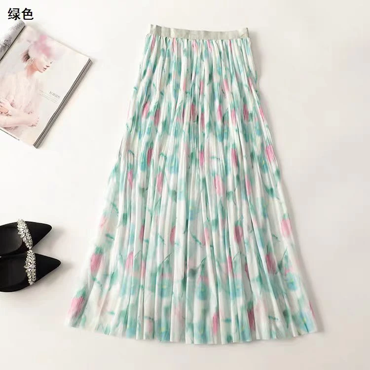 百褶松紧腰彩色印花半身裙S140