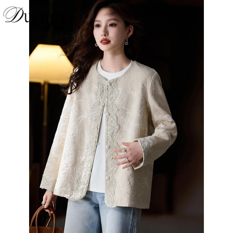 洋气刺绣提花亚麻外套女2025年秋季新款宽松中式文艺上衣大码女装