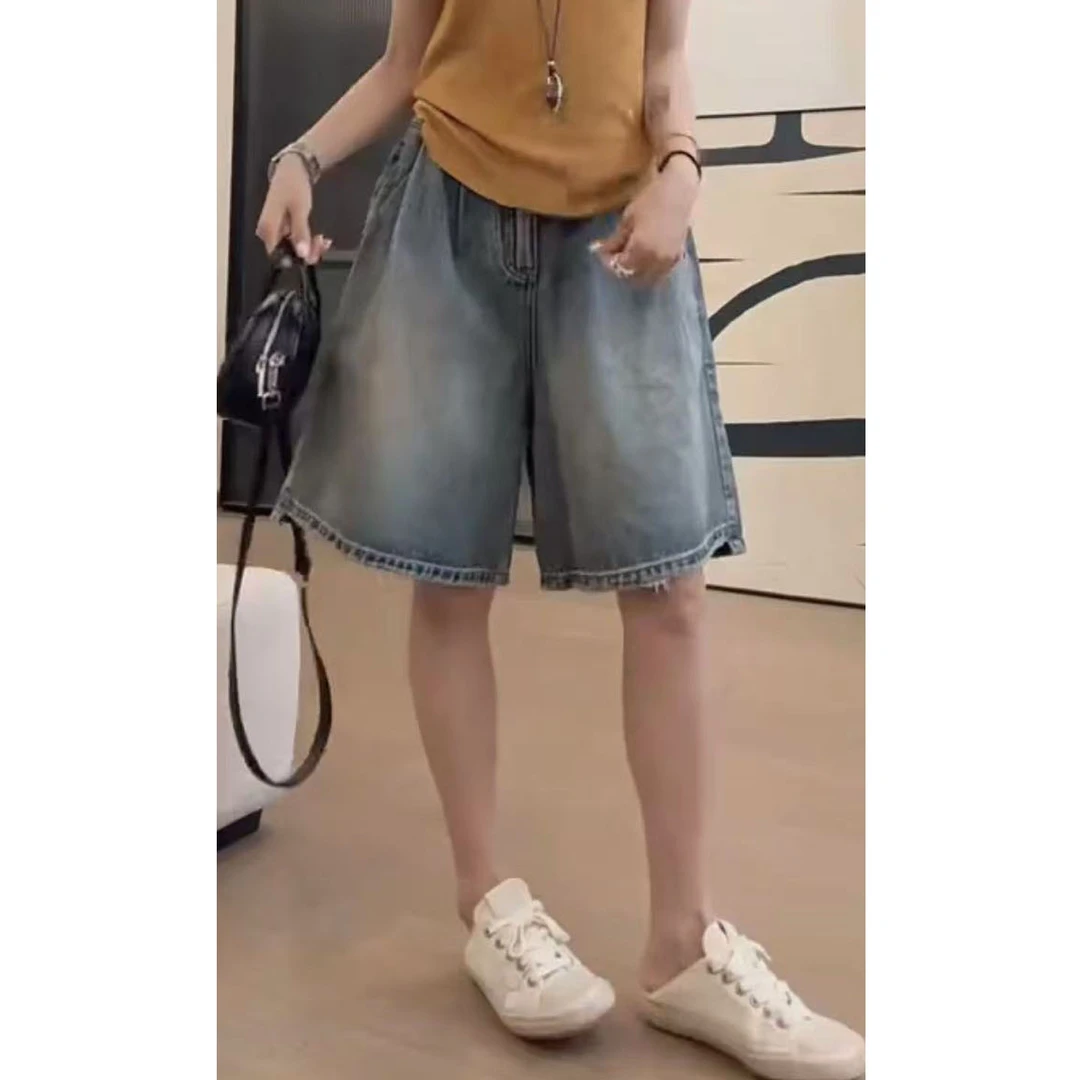 艾塔莉牛仔裤直筒常规阔腿夏季透气舒适薄款外穿女水洗五分裤磨毛