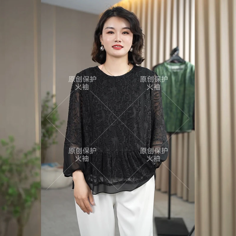 火袖F912气质黑色圆领加大加宽女2025年春季新款宽松显瘦遮肚小衫