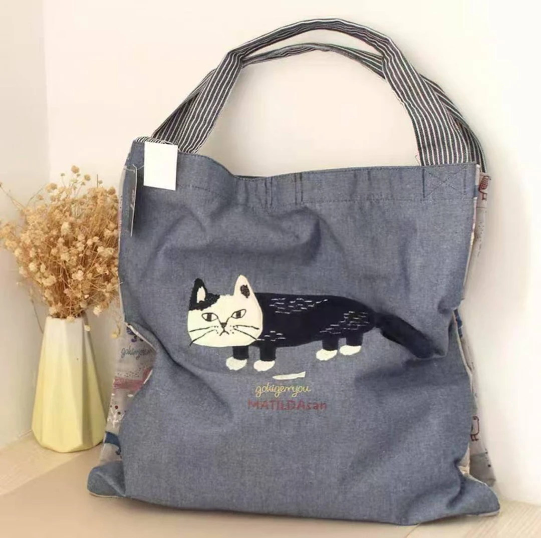 A145 日本Kusuguru正品刺绣爬猫单肩爬猫牛仔蓝6038-2手拎单肩包