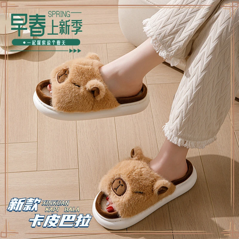 2025新款卡皮巴拉亚麻拖鞋春夏季卡通棉麻凉拖鞋居家防滑透气吸汗