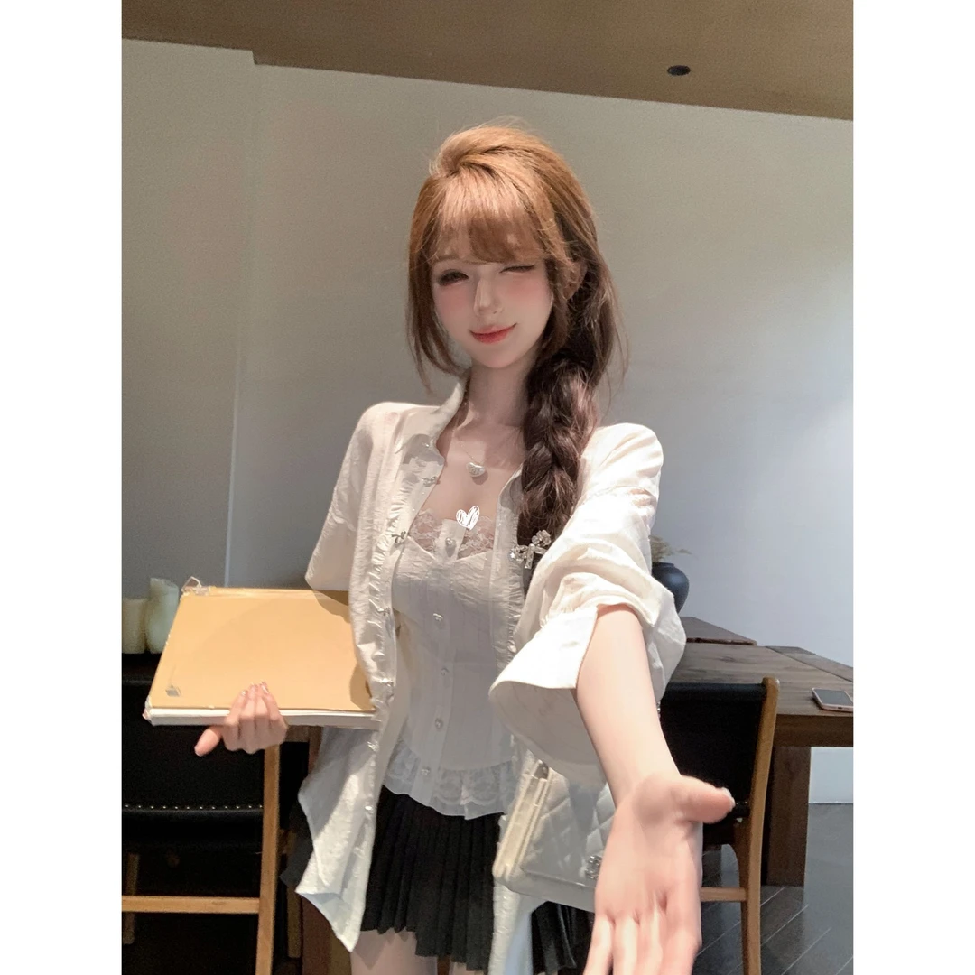 瑞茜·威瑟斯 韩系学姐 夏季休闲小众宽松衬衫纯欲背心R9173-1D
