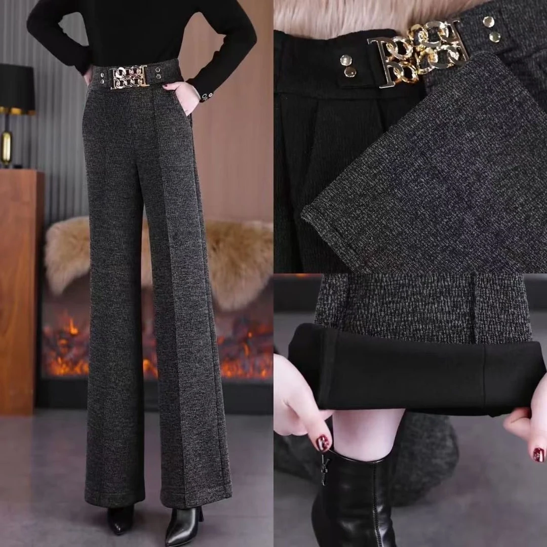2025秋冬新款加绒加厚高腰垂感阔腿裤洋气休闲弹力百搭窄版直筒裤