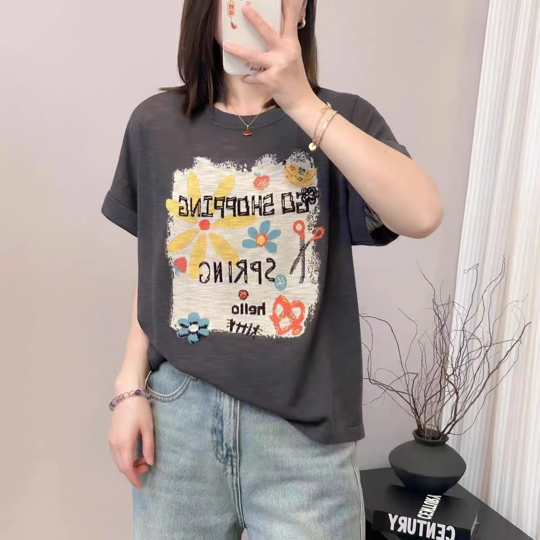 2025新款圆领T恤通薄款夏季印花宽松短袖花朵剪刀字母D