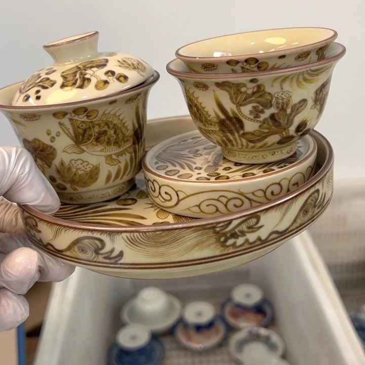 瓷片釉里金鱼藻纹五件套全品