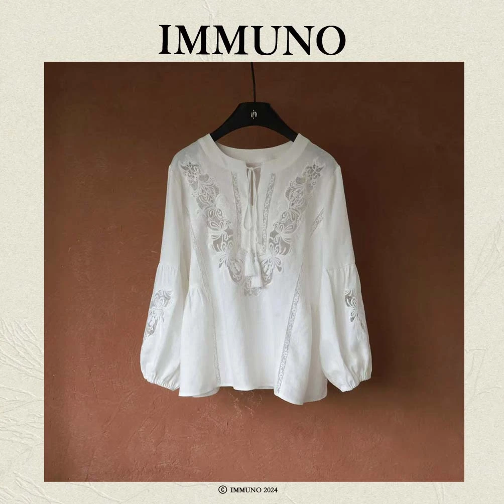 IMMUNO壹糯 小众设计蕾丝刺绣亚麻流苏泡泡袖高智精致长袖衬衫