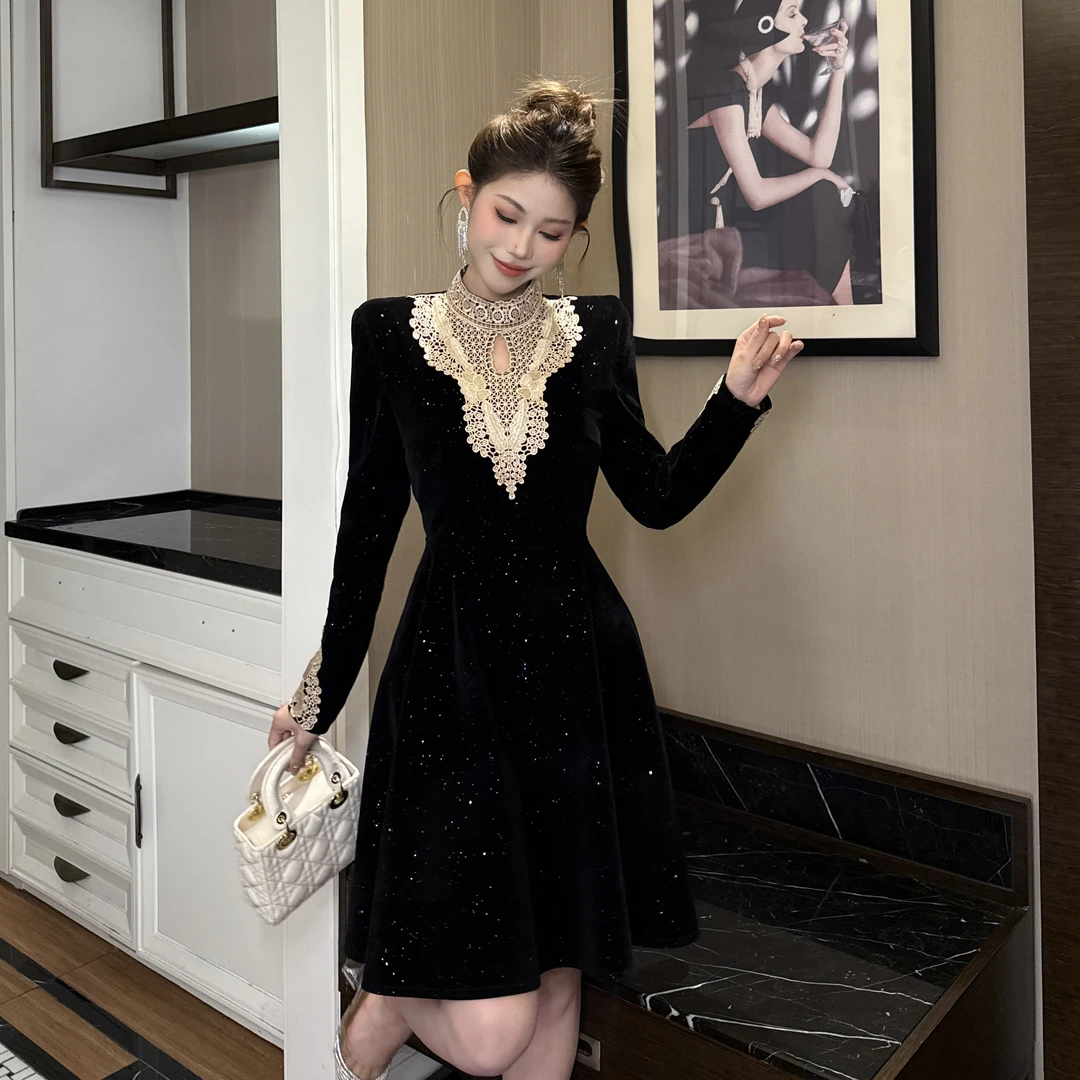 【惠子原创】气质优雅宫廷风设计感收腰显瘦名媛修身连衣裙9968