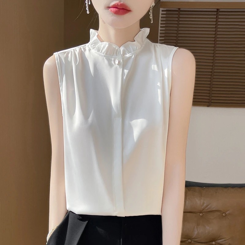 【丝滑缎面】F36春夏新款时尚气质木耳花边无袖T恤时尚百搭外穿背心