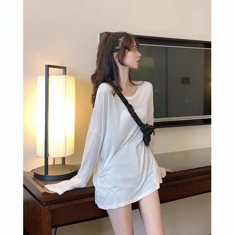 面膜长袖t恤女早秋薄款宽松空调罩衫小个子中长款防晒衫上衣白色