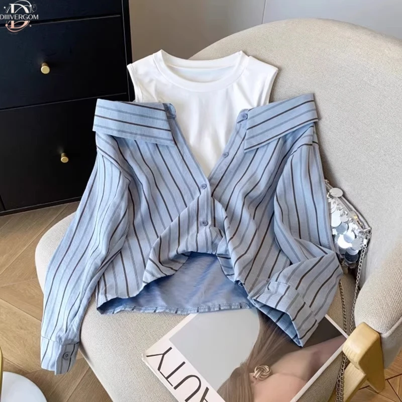 假两件露肩条纹衬衫女2025早秋季新款设计感女士休闲外穿长袖上衣