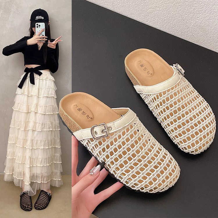 厚底网面包头半拖鞋女外穿2025年春夏款小众设计感透气渔网凉拖鞋