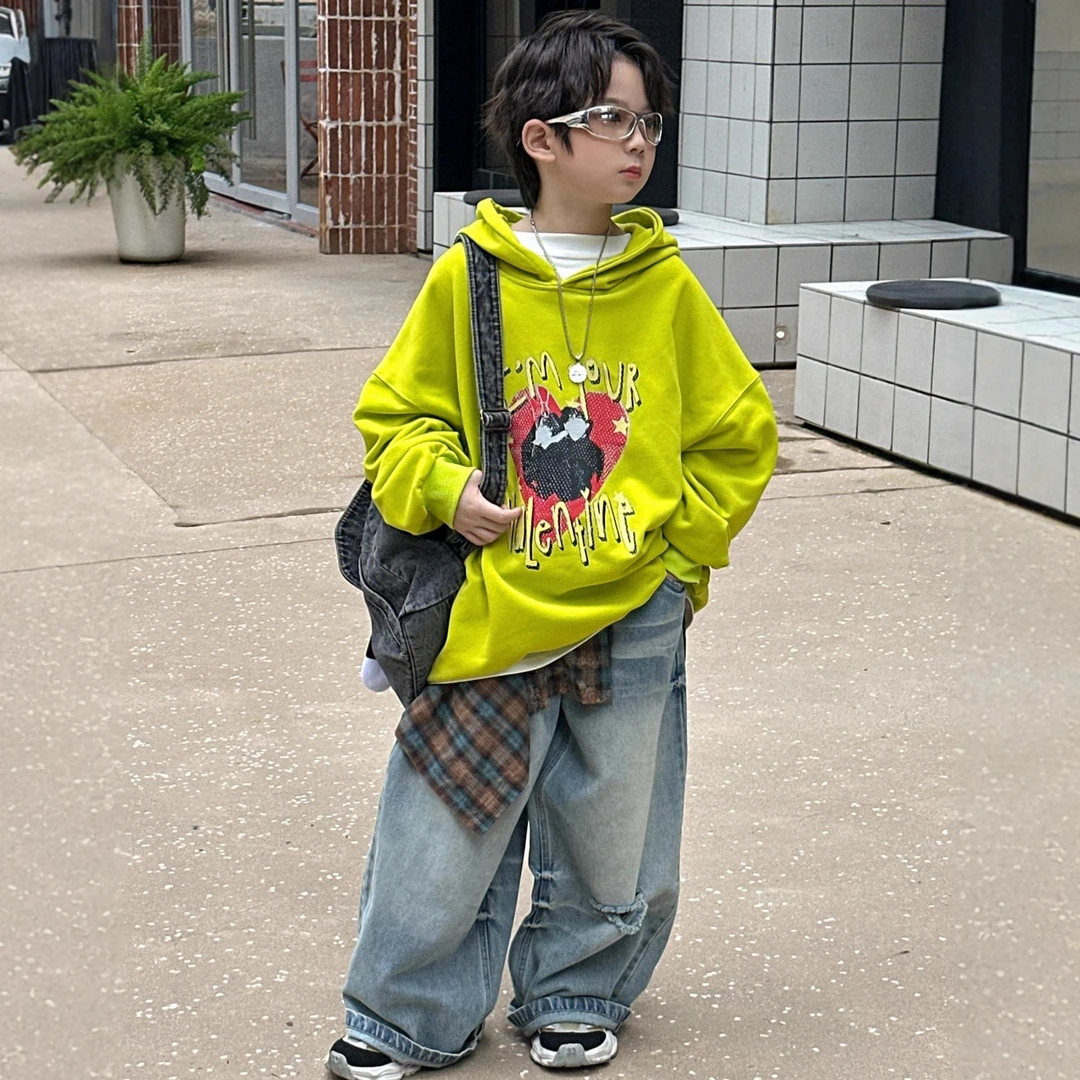 A.MU2025秋季新款爱心印花连帽卫衣纯棉毛圈儿童宽松帽衫男童洋气