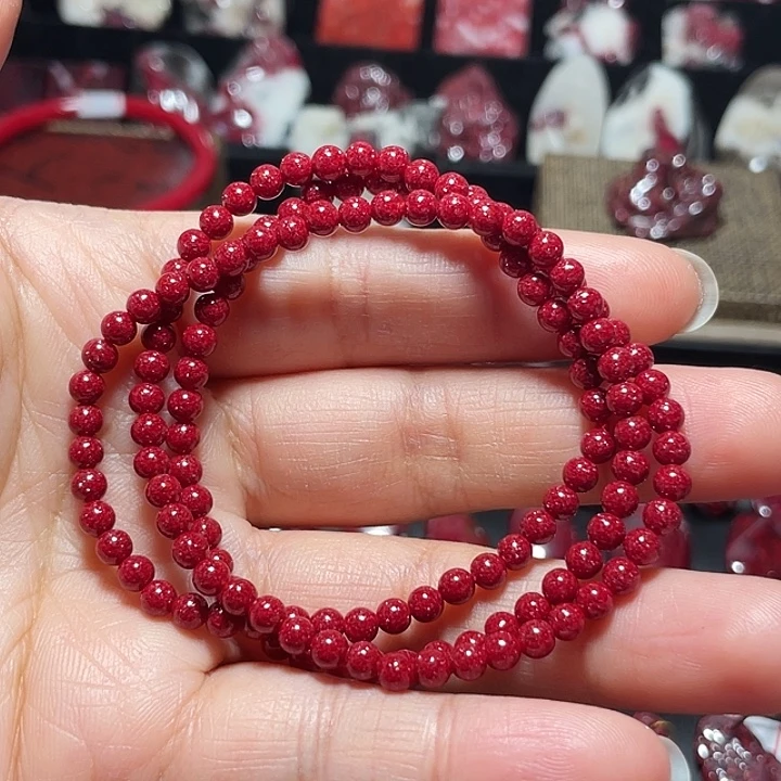 天然辰砂压晶小米珠多圈手链4mm