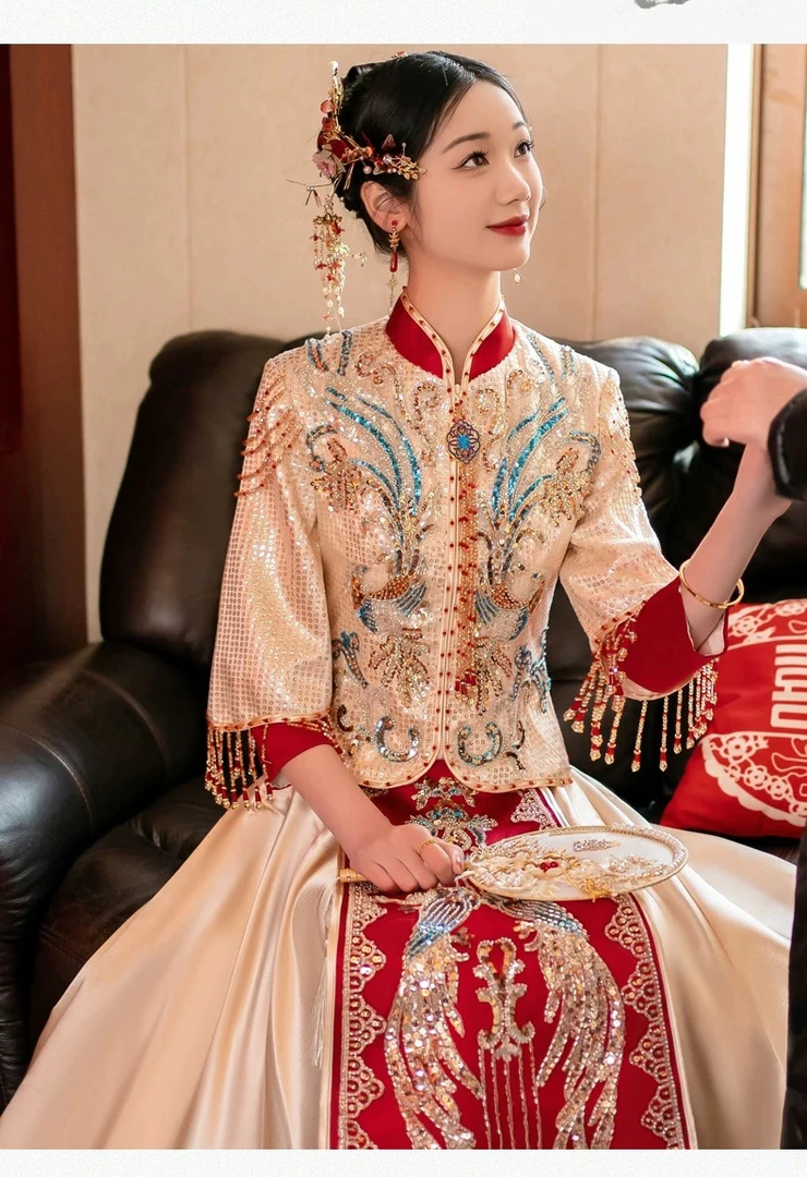 直播链接断码特价秀禾服中式结婚嫁衣浅色显瘦婚纱奢华款敬酒服女