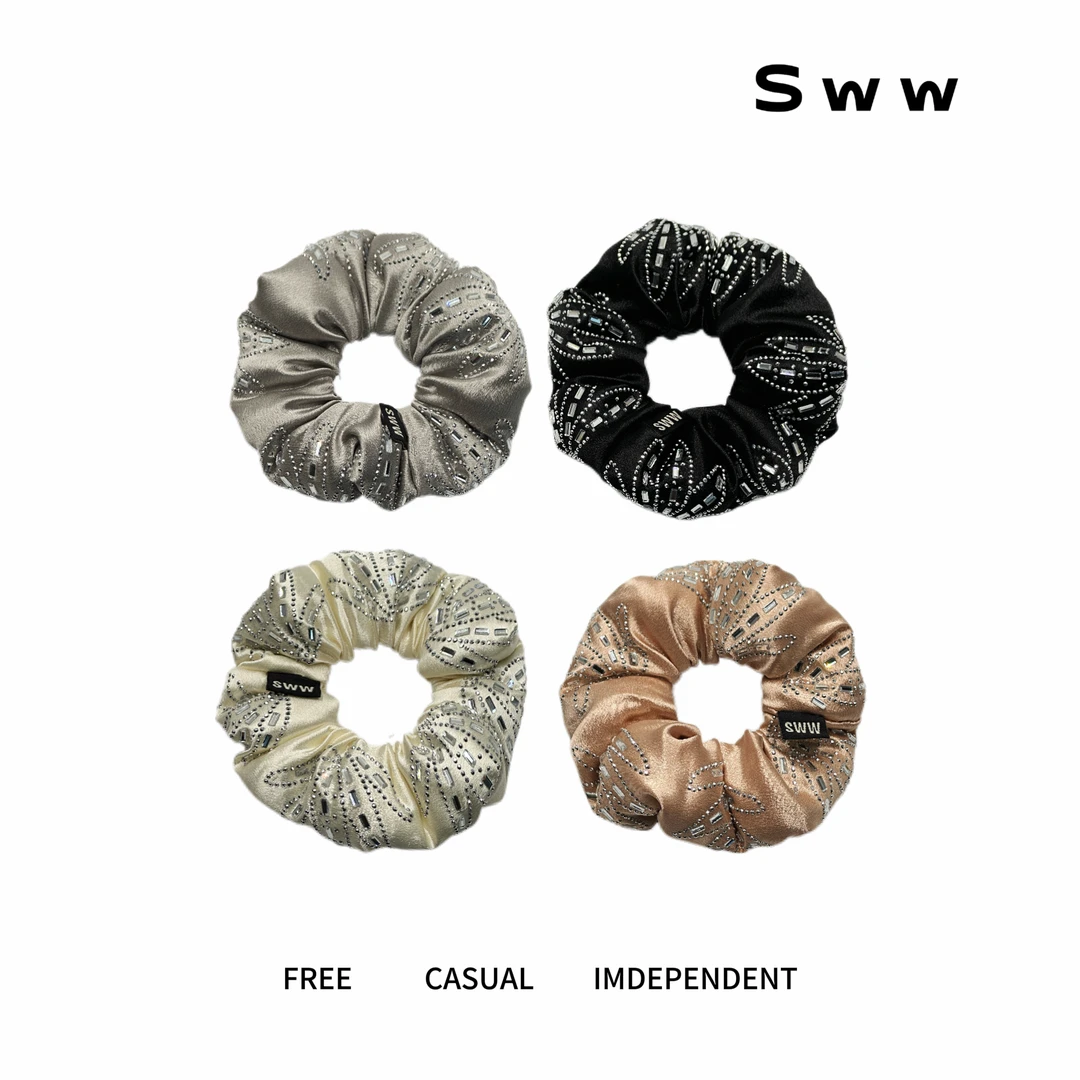SWW超大号韩版水钻重工缎面高级感填充棉枕头发圈法式慵懒风发饰