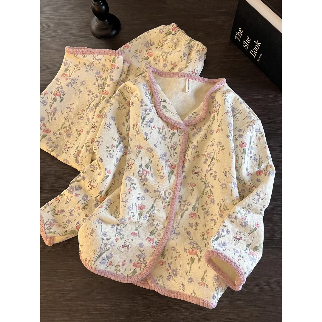 韩版甜美小猫花卉夹棉睡衣女秋冬季新款加厚保暖家居服套装可外穿