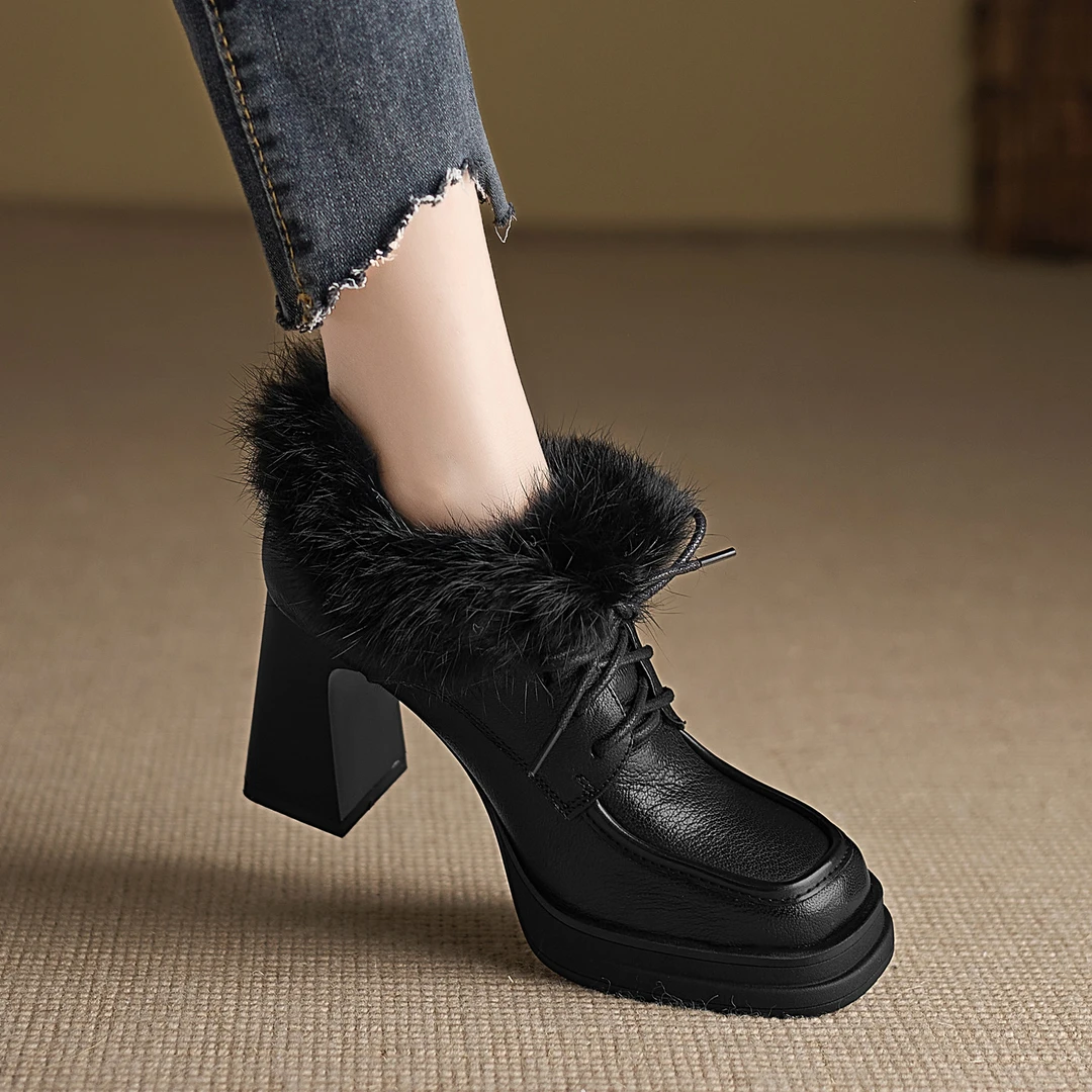 修悦英伦风小皮鞋深口单鞋女超高跟粗跟毛毛领防水台小个子高跟鞋