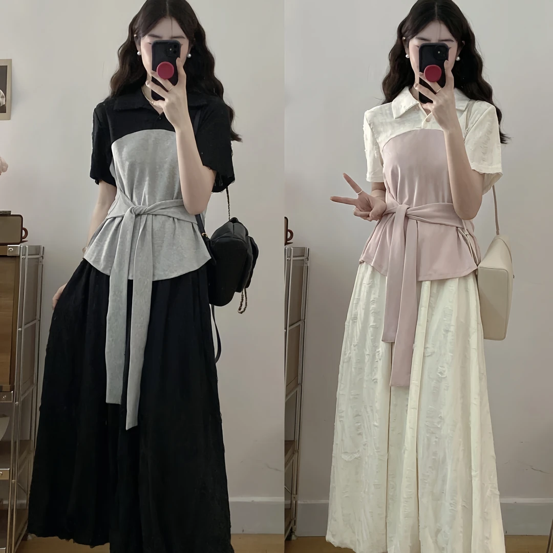 大码撞色拼接假两件上衣宽松花苞裙套装夏日绝美显瘦两件套女