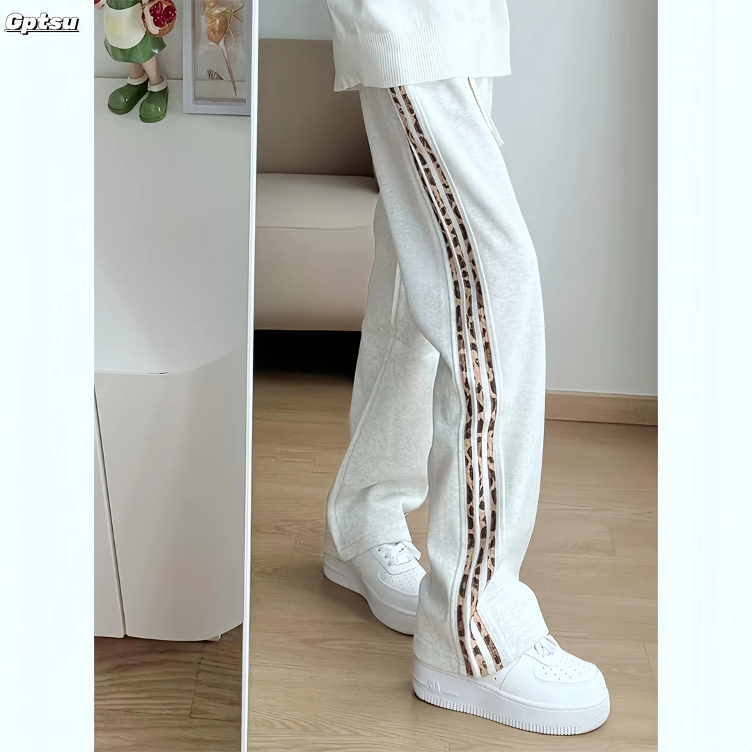 GPTSu灰色卫裤男春秋痞帅弯刀直筒微喇叭裤子美式豹纹条纹运动裤