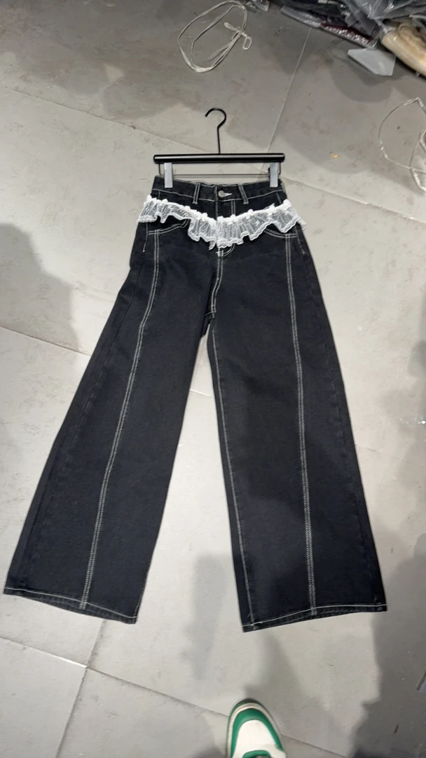 个性蕾丝拼接设计感小众宽松阔腿牛仔裤女百搭