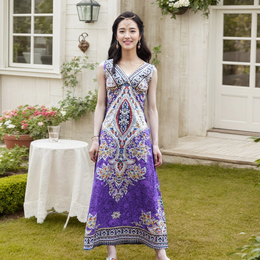 手工钉珠长款连衣裙修身女装夏季气质显瘦无袖民族风印花异域风情