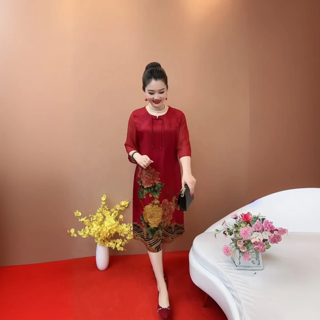 728重磅妈妈连衣裙夏季新款中老年女装大码七分袖圆领长裙