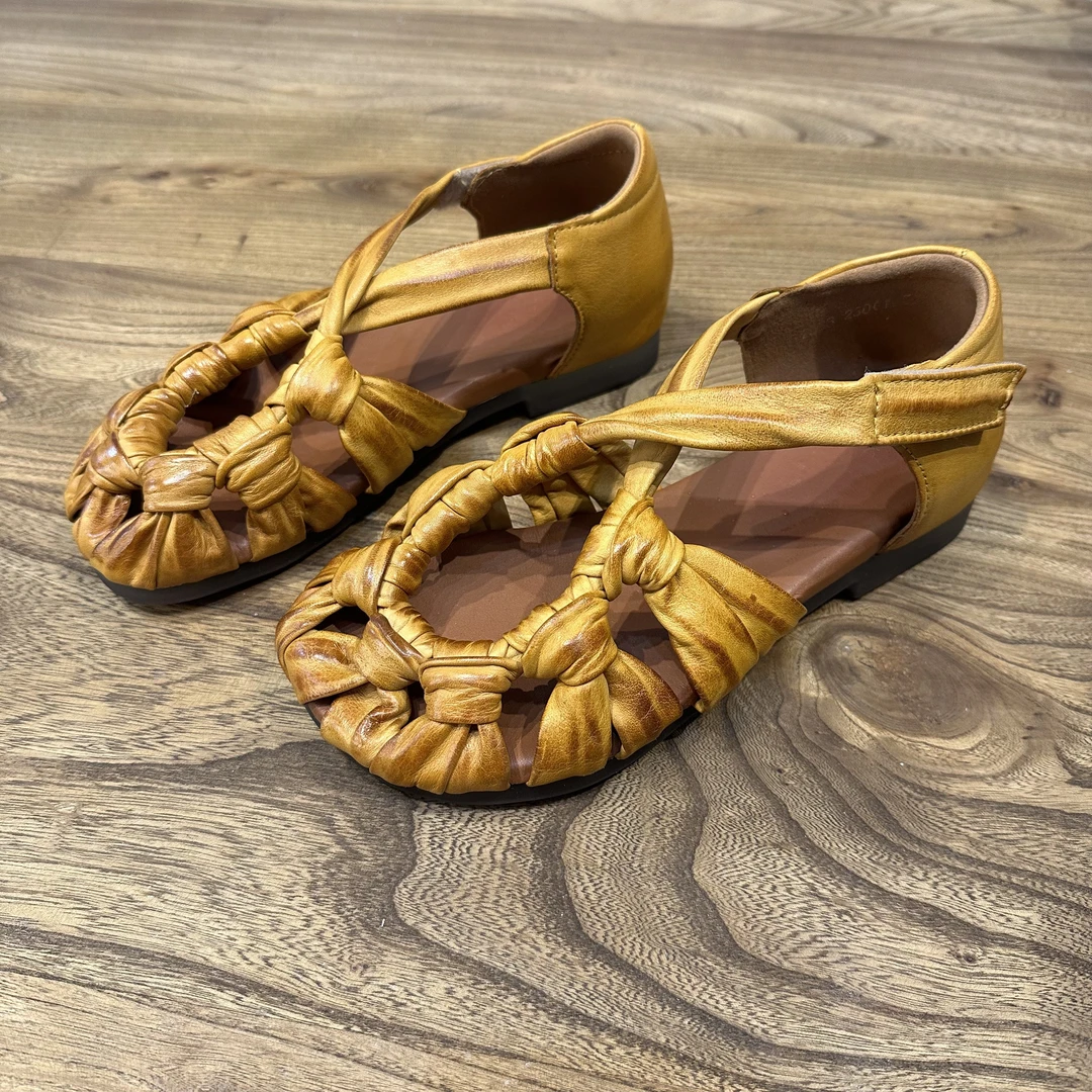 头层牛皮凉鞋女款2025新款爆款复古软底软面平底民族风休闲单鞋女