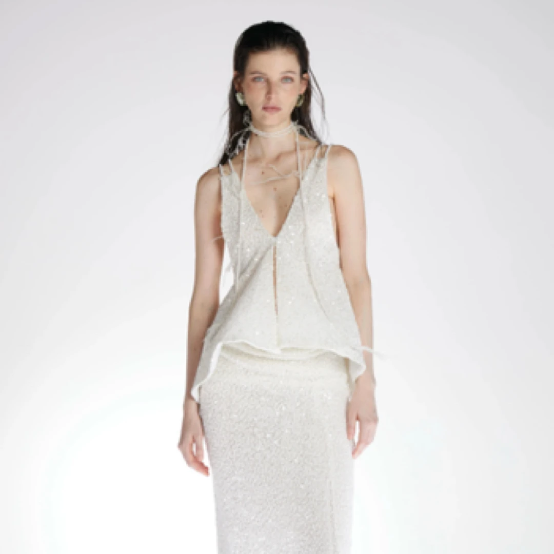 DOM JAM |白色针织亮片半裙一步裙