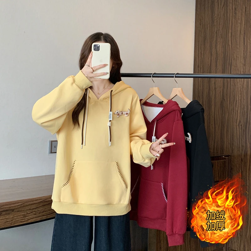 2025秋冬新款胖mm大码女休闲慵懒风加绒加厚卡通连帽卫衣23347