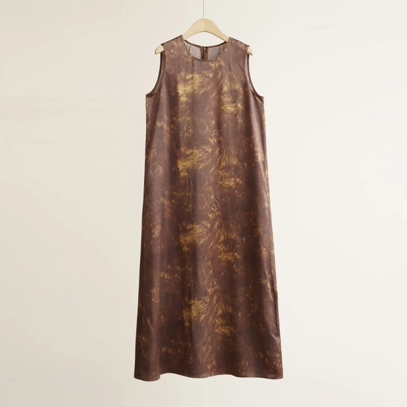 30姆米素绉缎重磅100%桑蚕丝国风中式复古印染女士连衣裙（250856）